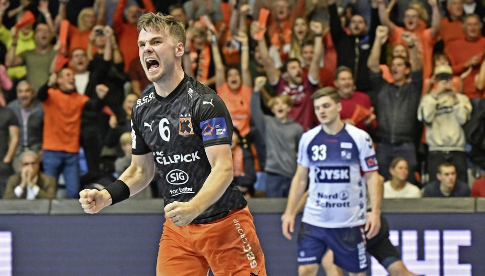 Gibt es auch in der Saison 2025/26 magische Europacup-Nächte - wie hier mit Odinn Rikhardsson 2023 gegen die SG Flensburg-Handewitt. Bild: SN-Archiv/Michael Kessler