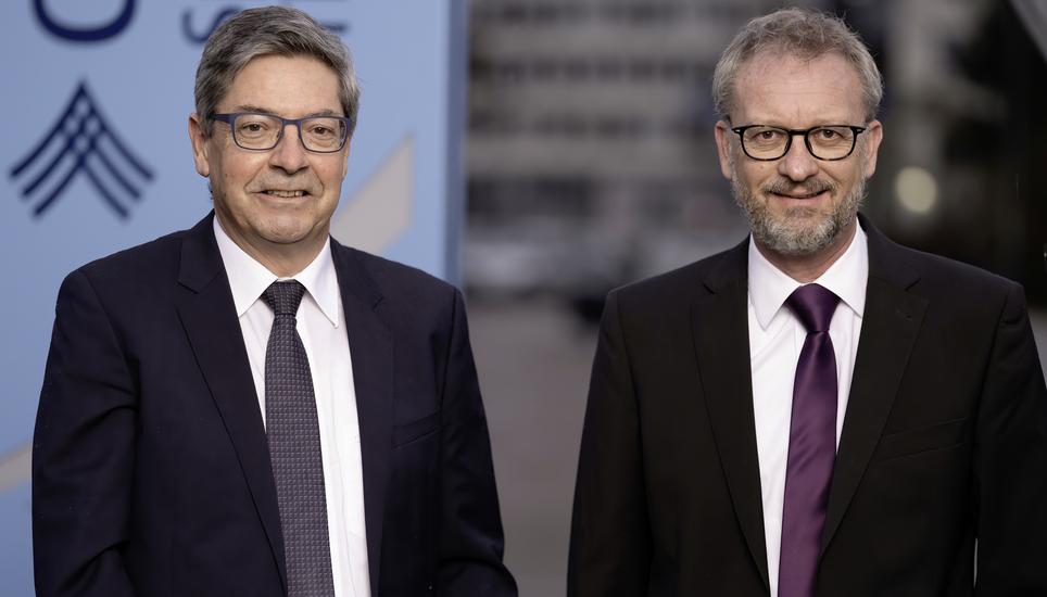 Der Vorsitzende der Geschäftsleitung Andreas Pally (l.) und Verwaltungsratspräsident Daniel Leinhäuser blicken auf ein «ausgezeichnetes» Geschäftsjahr 2024 zurück. Bild: zVg