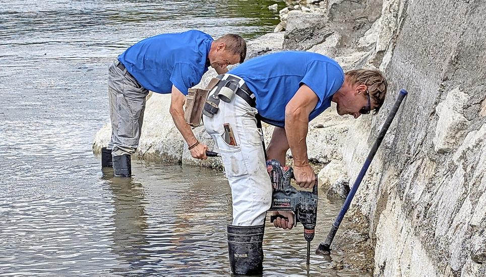 Dank des tiefen Rheinpegels konnten Ufermauern saniert werden. Bild: zVg