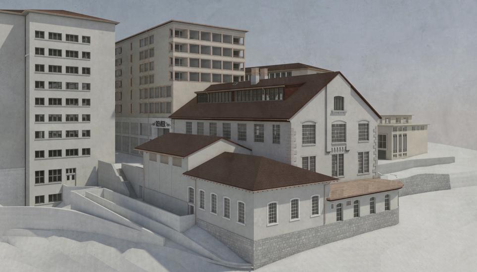 Das Rheinfallhotel wird ein Mix aus alter Industriebaute und Neubau. Visualisierung: Joos & Mathys Architekten