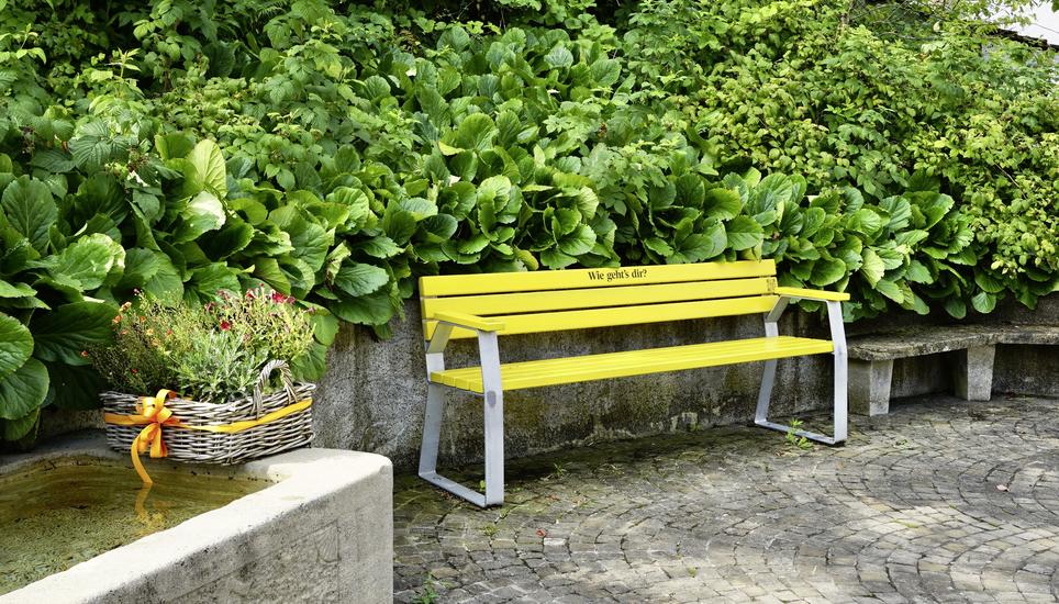 Umgeben von Grün: Das «Wie geht’s Dir?»-Bänkli» in Henggart. Bild: Andrée Lanfranconi