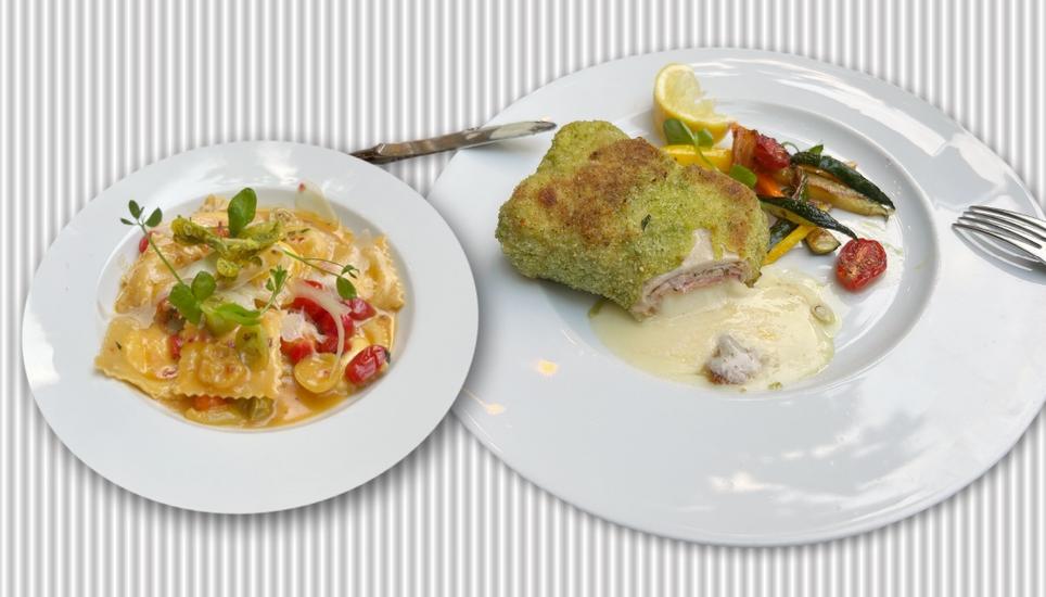 Klassiker neu interpretiert: die hausgemachten Ravioli und das Cordon bleu. Bild: Lukullus