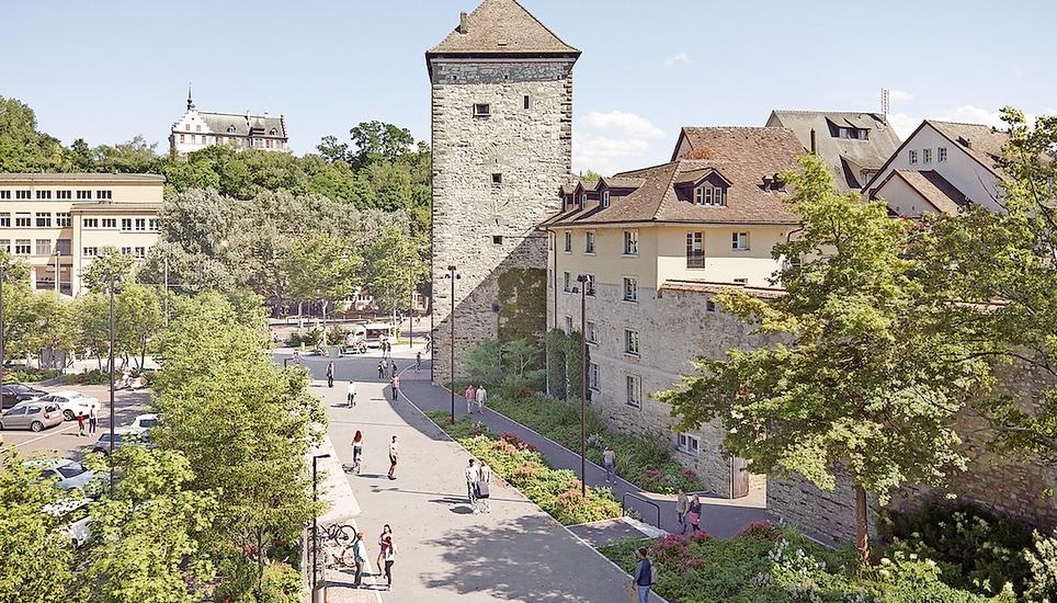 Eine der vielen Grossbaustellen der Stadt: Das Areal vor dem Schwabentor soll nach zwei Jahren Bauchaos im Jahr 2027 so aussehen. Visualisierung: zVg/Stadt Schaffhausen