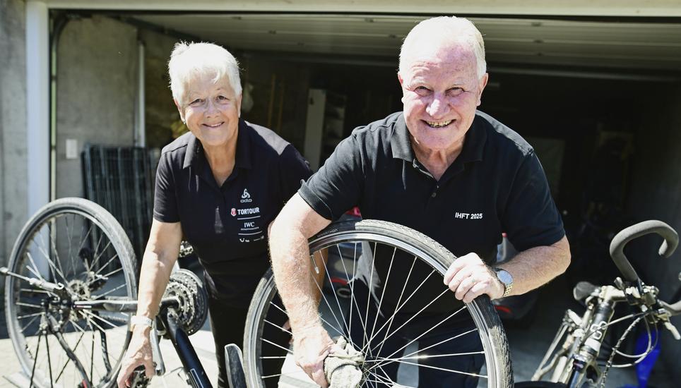 Ruth und ihr Ehemann Theo Meister Otth machen mit ihrem Fahrrad eine Velotour durch Deutschland, am Freitag, 08 August 2025. (Melanie Duchene / Schaffhauser Nachrichten)