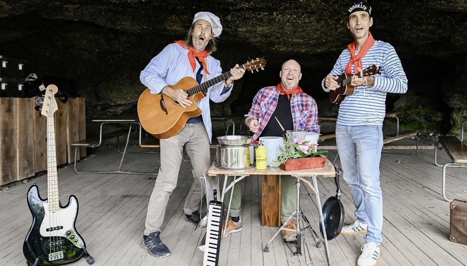 Gilbert Zosso, Mischa Hafen und Matthias Schwyn von der Band Musigchuchi auf Abschiedstournee, am Freitag, 12. September 2025. (Melanie Duchene / Schaffhauser Nachrichten)