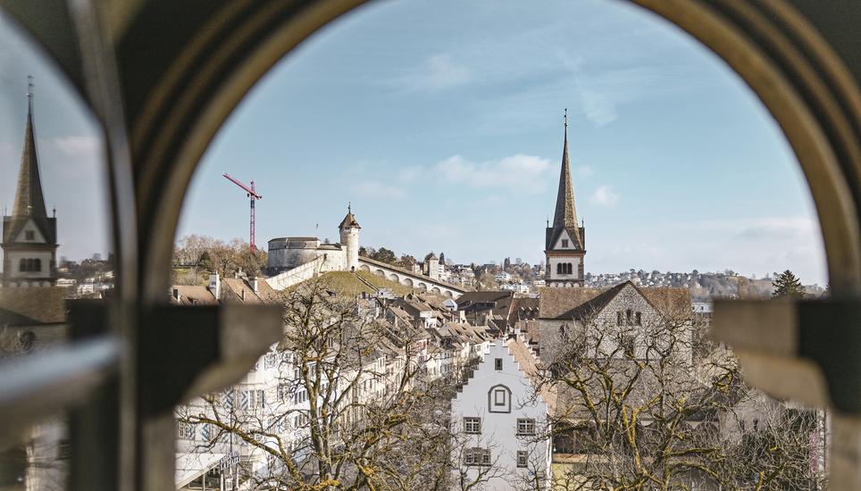 Blick vom Regierungsgebï¿ï¾¤ude aus Richtung Munot und Schaffhauser Altstadt, am Sonntag, 09. Februar 2025. (Melanie Duchene / Schaffhauser Nachricht