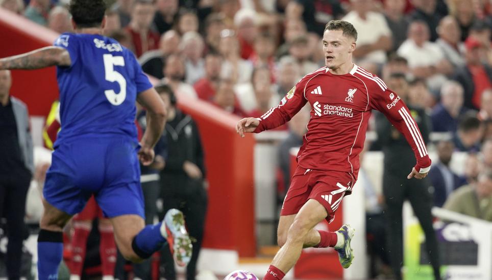 Liverpool's Florian Wirtz is in action during the English Premier League soccer match between Liverpool and Bournemouth at Anfield stadium in Liverpool, England, Friday, Aug. 15, 2025. (AP Photo/Ian Hodgson)