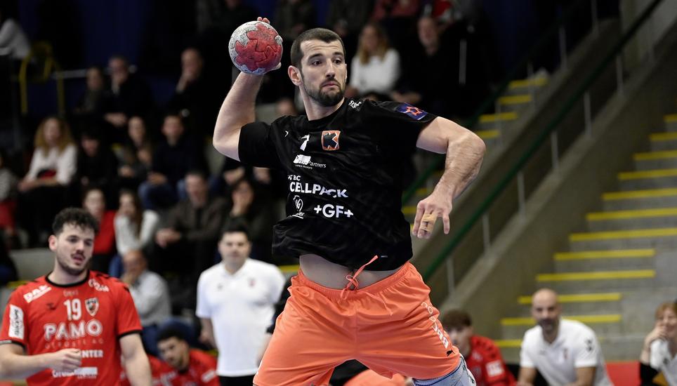 Aarau, 17.12.2025. Handballl, NLA. Saison 2025 / 2026. HSC Suhr Aarau - Kadetten Schaffhausen.  
Lucas Meister (Mitte, Kadetten). 
Copyright: FOTO Wagner / Alexander Wagner