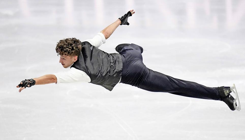 Lukas Britschgi from Switzerland competes during the men's short program at the Figure Skating World Championships in Prague, Czech Republic, Thursday, March 26, 2026. (AP Photo/Petr David Josek)