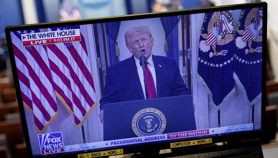 President Donald Trump is seen speaking about the Iran war on a television screen in the James Brady Press Briefing Room of the White House, Wednesday, April 1, 2026, in Washington. (AP Photo/Julia Demaree Nikhinson)