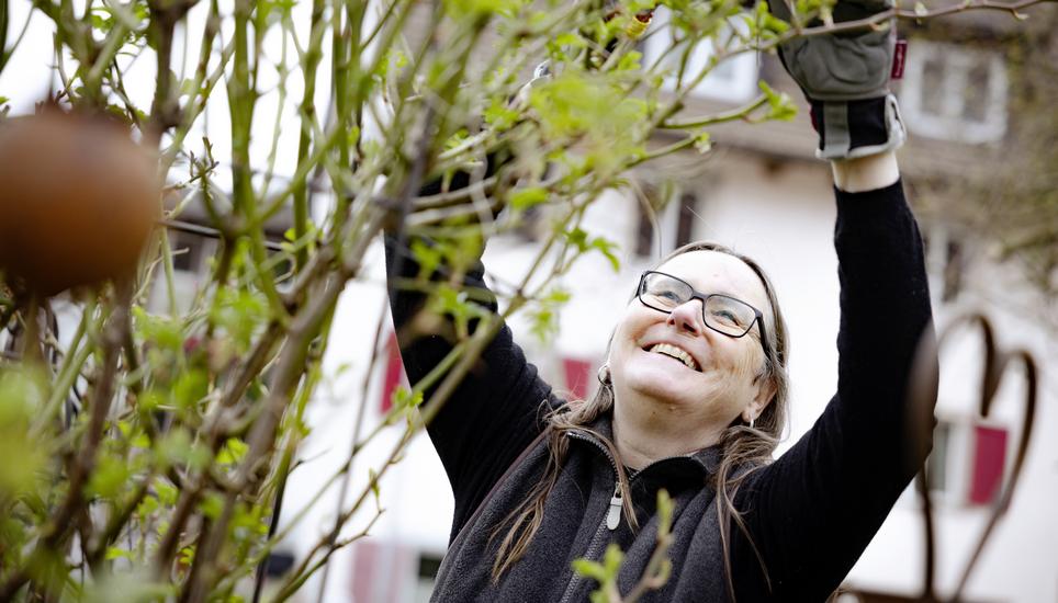 Barbara Linsi in ihrem Naturgarten, sie ist Teil des Osterfinger Gartenpfades, fotografiert am Montag, 16. Mï¿ï¾¤rz 2026, in Osterfingen. (Roberta Fele / Schaffhauser Nachricht