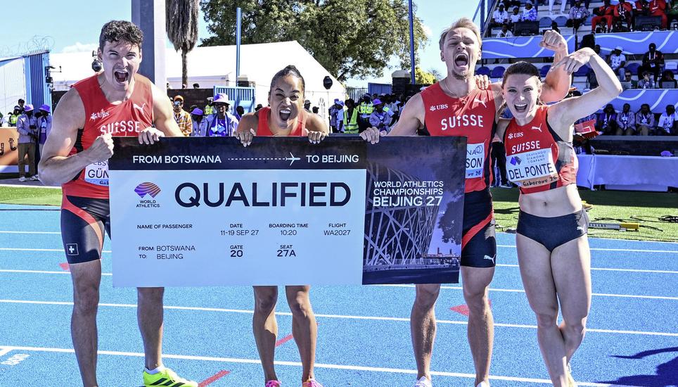 GABORONE, BOTSWANA - MAY 3: left to right: Enrico Guentert, Salome Kora, Felix Svensson, Ajla Del Ponte of Switzerland celebrates after the qualification in the mixed 4x100 m relay for the World Athletics Championships 2027 during the World Athletics Rela