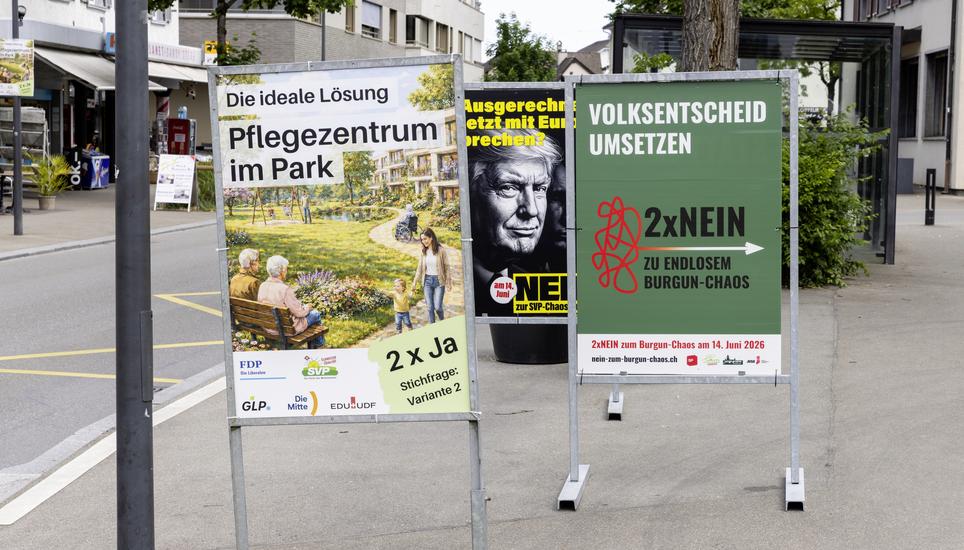 Abstimmungsplakate in Neuhausen am Rheinfall,  u.a. zur Abstimmung ï¿ï¾¼ber die Nutzung der Burgunwiese, Mittwoch, 13.05.2026, Neuhausen am Rheinfall (Roger Hofstetter/Schaffhauser Nachricht