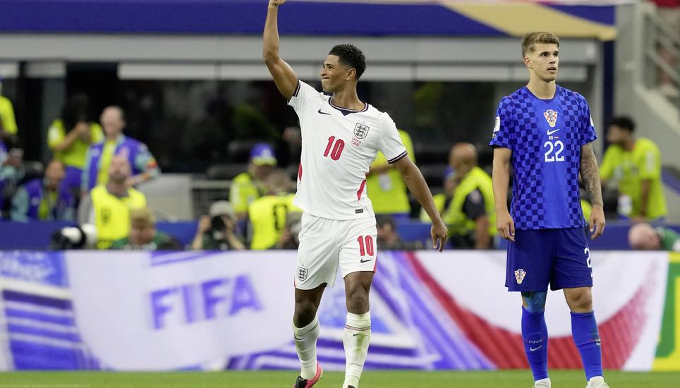 England's Jude Bellingham (10) celebrates his team's third goal during the World Cup Group L soccer match between England and Croatia in Arlington, Texas, near Dallas, Wednesday, June 17, 2026. (AP Photo/Tony Gutierrez)