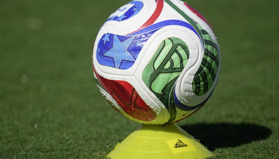 A Trionda ball is visible during a Japan training session ahead of its FIFA World Cup soccer tournament Group F match against the Netherlands, Saturday, June 13, 2026, in Dallas. (AP Photo/Julio Cortez)