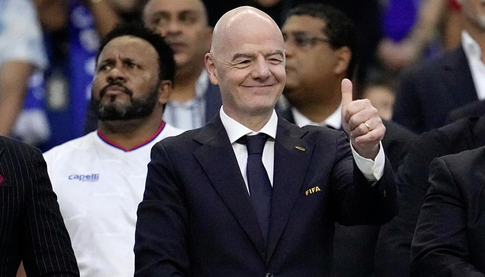 FIFA president Gianni Infantino gives a thumbs-up before the World Cup round of 32 soccer match between Argentina and Cape Verde in Miami Gardens, Fla., Friday, July 3, 2026. (AP Photo/George Walker IV)
