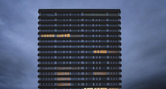 Die Rhytech Areal Hochhaeuser sind bezugsbereit, in einigen Wohnungen brennt Abends schon Licht, am Mittwoch, 24. Januar, 2024 (Melanie Duchene / Schaffhauser Nachrichten)
