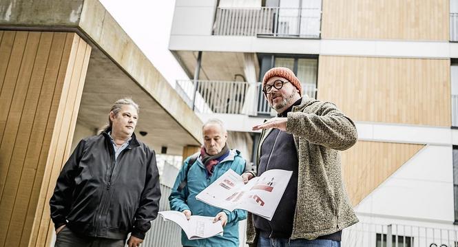 Besichtigung umgebaute Liegenschaft der Bau und Wohngenossenschaft Rhenania (SCHARF Schaffhauser Architektur Forum), fotografiert am Samstag, 17. Febriar 2024, in Neuhausen am Rheinfall. (Roberta Fele / Schaffhauser Nachrichten)