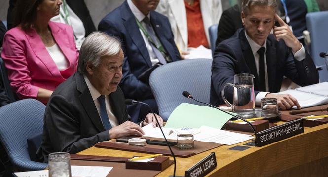UN Secretary-General Antonio Guterres speaks during a Security Council meeting at United Nations headquarters, Friday, Sep. 27, 2024. (AP Photo/Yuki Iwamura)