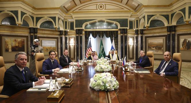U.S. Secretary of State Marco Rubio, second left, meets with Saudi Foreign Minister Prince Faisal bin Farhan Al Saud, Saudi National Security Advisor Mosaad bin Mohammad Al-Aiban, U.S. National Security Advisor Mike Waltz, U.S. Middle East envoy Steve Wit