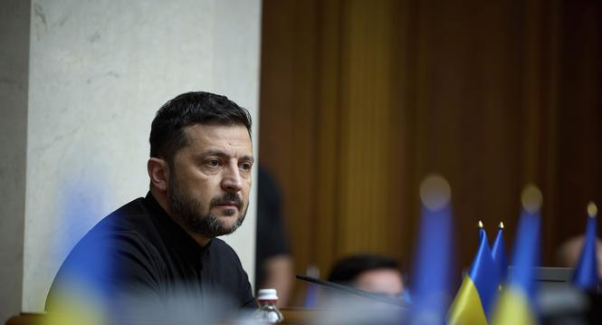 President of Ukraine Volodymyr Zelenskyy attends the parliament session in Kyiv, Ukraine Thursday, July 17, 2025. (AP Photo/Vadym Sarakhan)
