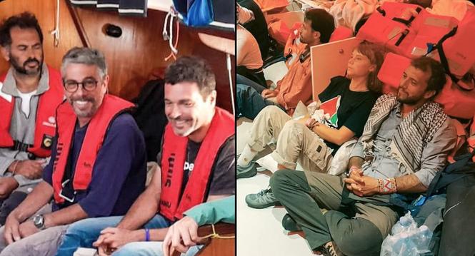 This combination of images released by the Israeli Foreign Ministry shows Greta Thunberg, second from right, with other flotilla activists after the Israeli navy intercepted the Global Sumud Flotilla carrying humanitarian aid to Gaza, Wednesday, Oct. 1, 2
