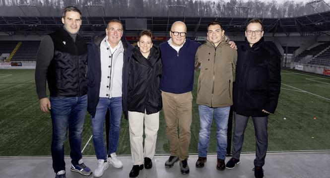 Vorstellung des neuen Frauenfussball-Projektes des FC Schaffhausen, v.l. Bernt Haas, Roy Pagno, Romana Trajkovska, Werner Brï¿ï¾¼tsch, Maurizio Cannellino, Reto Colantonio, Freitag, 06.02.2026, Schaffhausen (Roger Hofstetter/Schaffhauser Nachricht
