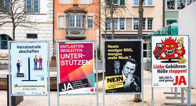 Abstimmungsplakate zum 8. MÃ¤rz 2026, fotografiert am Montag, 09. Februar 2026, in Schaffhausen. (Roberta Fele / Schaffhauser Nachrichten)