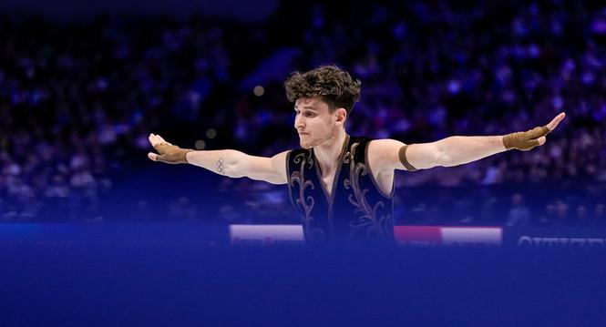 Lukas Britschgi from Switzerland competes during the men free skating at the Figure Skating World Championships in Prague, Czech Republic, Saturday, March 28, 2026. (AP Photo/Petr David Josek)