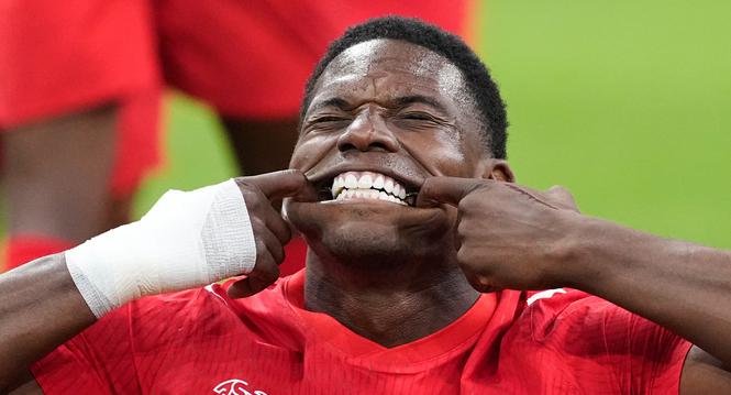 Switzerland's Breel Embolo (7) celebrates after scoring his team's first goal during the World Cup round of 32 soccer match between Switzerland and Algeria in Vancouver, British Columbia, Thursday, July 2, 2026. (AP Photo/Lindsey Wasson)