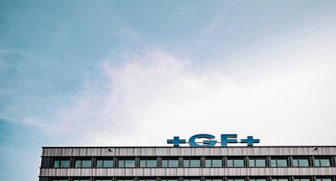 Logo der GF Georg Fischer im Ebnat, am Donnerstag, 12. Juni 2025. (Melanie Duchene / Schaffhauser Nachrichten)