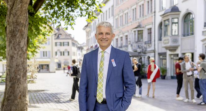 Bundesrat Beat Jans zu Besuch in Schaffhausen zur 1. August Feier in der St. Johann mit Stadtprï¿ï¾¤sident Peter Neukomm, anschliessend Musik der Munot Dixie Stompers, fotografiert am Freitag, 1. Augsut 2025, in Schaffhausen. (Roberta Fele / Schaff