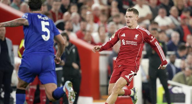 Liverpool's Florian Wirtz is in action during the English Premier League soccer match between Liverpool and Bournemouth at Anfield stadium in Liverpool, England, Friday, Aug. 15, 2025. (AP Photo/Ian Hodgson)