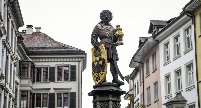 Der Mohrenbrunnen auf dem Fronwagplatz Schaffhausen, am Dienstag, 28. Januar 2020. (Melanie Duchene / Schaffhauser Nachrichten)