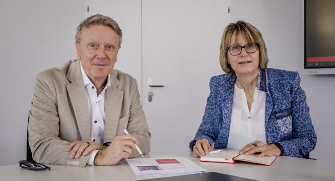 Daniel Landolt und Karin Steinemann bei der Medienkonferez zum Jahresabschluss '25. Fotografiert am Dienstag, 17. Februar 2026, in Schaffhausen. (Enya Dalle Feste / Schaffhauser Nachrichten)