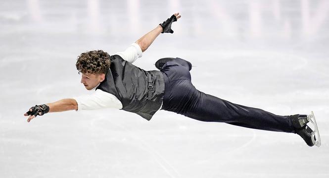 Lukas Britschgi from Switzerland competes during the men's short program at the Figure Skating World Championships in Prague, Czech Republic, Thursday, March 26, 2026. (AP Photo/Petr David Josek)
