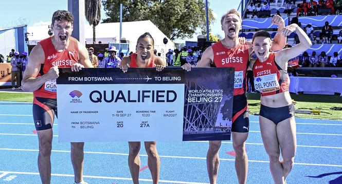 GABORONE, BOTSWANA - MAY 3: left to right: Enrico Guentert, Salome Kora, Felix Svensson, Ajla Del Ponte of Switzerland celebrates after the qualification in the mixed 4x100 m relay for the World Athletics Championships 2027 during the World Athletics Rela