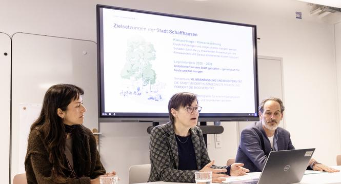Medienkonferenz ï¿ï¾«Fï¿ï¾¶rderprogramm Natï¿ï¾¼rlich Schaffhausenï¿ï¾», v.l. Nora Marty - Projektleiterin Klimaanpassung, Katrin Bernath - Baureferentin, Florian Brack - Bereichsleiter Grï¿ï¾¼n Schaffhausen, Freitag, 08