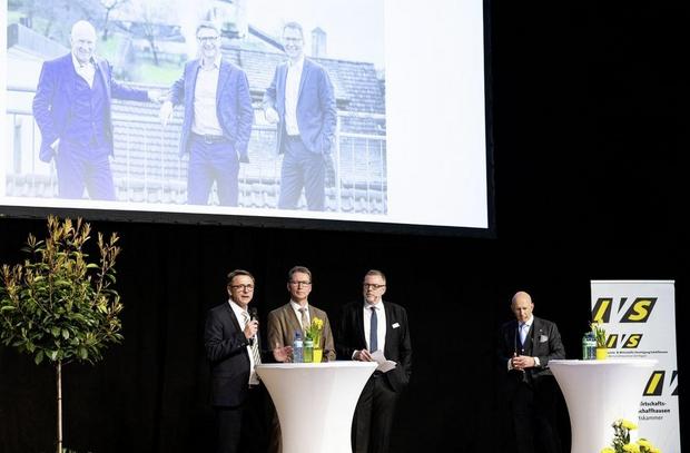 IVS Industrie- & Wirtschafts-Vereinigung der Region Schaffhausen, Mitgliederversammlung, auf der Bï¿ï¾¼hne v.l. Bernhard Klauser, Thomas Kellenberger, Thomas Moser, Martin Vogel, Freitag, 20.03.2026, Neuhausen am Rheinfall (Roger Hofstetter/Schaffh