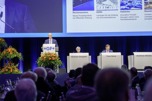 Generalversammlung 2025 der Georg Fischer GF AG mit Yves Serra, Eveline Saupper, Andreas Mï¿ï¾¼ller, Ton Bï¿ï¾¼chner und Christopher Guï¿ï¾©rin in der IWC Arena. Fotografiert am Mittwoch, 15. April 2026 in Schaffhausen. (ENYA DALLE FE